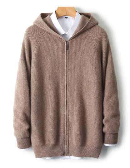 Wool Zip-Up Hooded Sweater Lightweight Knit for Men - Brown