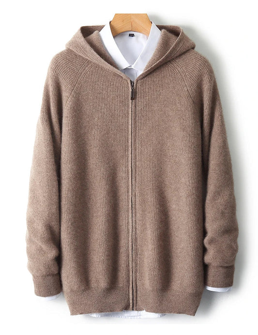 Wool Zip-Up Hooded Sweater Lightweight Knit for Men - Brown