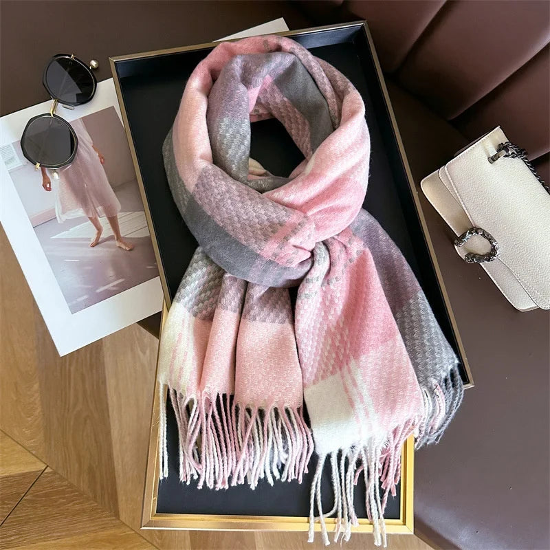 Plaid Tassel Scarf with Fringe for Women - Pink