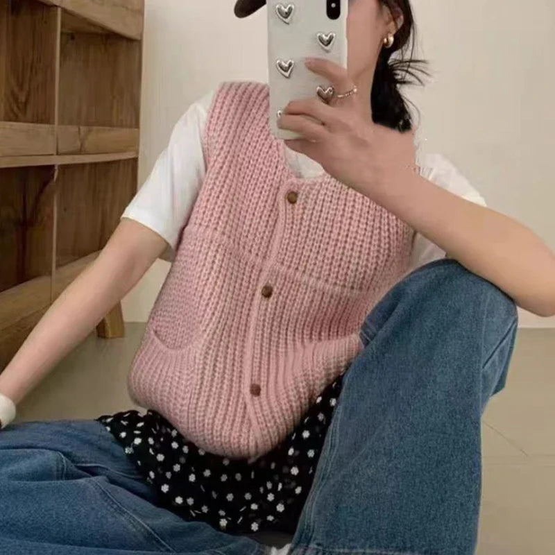 Knit Button-Front Vest for Women - Pink