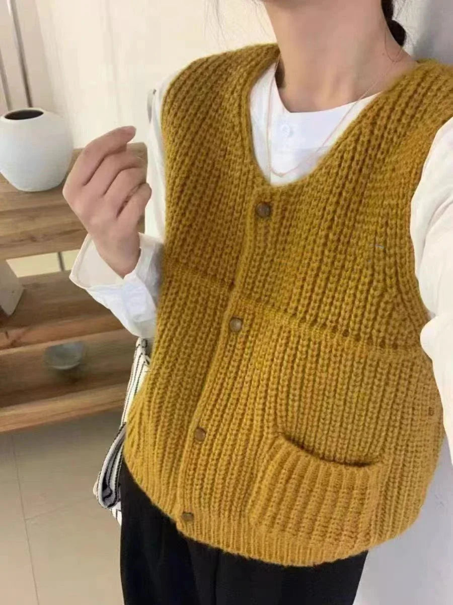 Knit Button-Front Vest for Women - Yellow