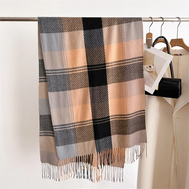 Plaid Tassel Scarf with Fringe for Women