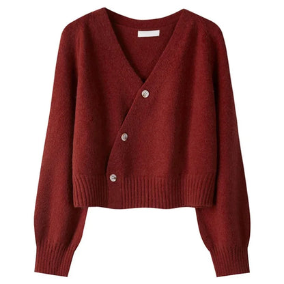 Cropped V-Neck Button-Up Cardigan Sweater for Women - Burgundy