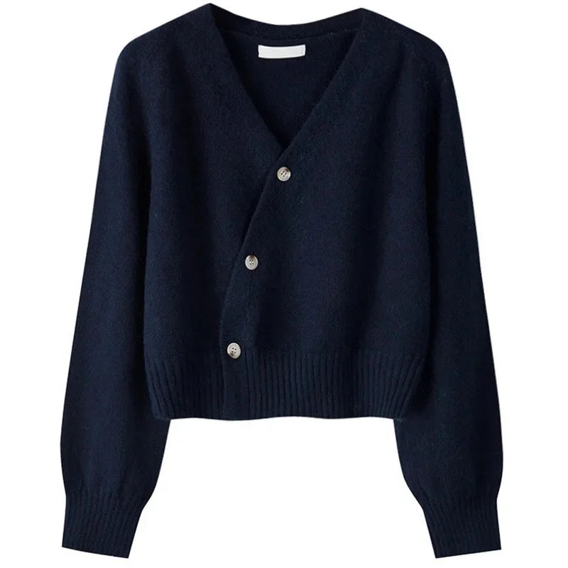 Cropped V-Neck Button-Up Cardigan Sweater for Women - Navy