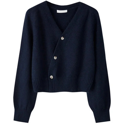 Cropped V-Neck Button-Up Cardigan Sweater for Women - Navy