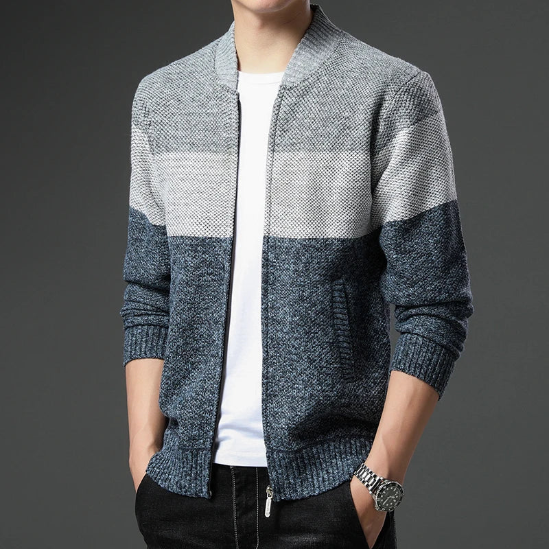 Wool Color Block Zip-Up Cardigan for Men - Blue