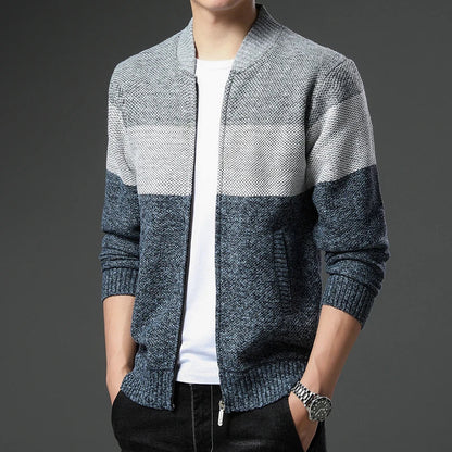 Wool Color Block Zip-Up Cardigan for Men - Blue