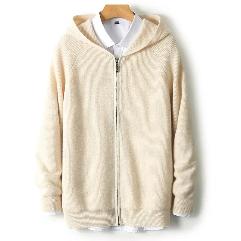 Wool Zip-Up Hooded Sweater Lightweight Knit for Men