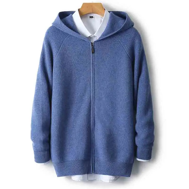 Wool Zip-Up Hooded Sweater Lightweight Knit for Men - Blue