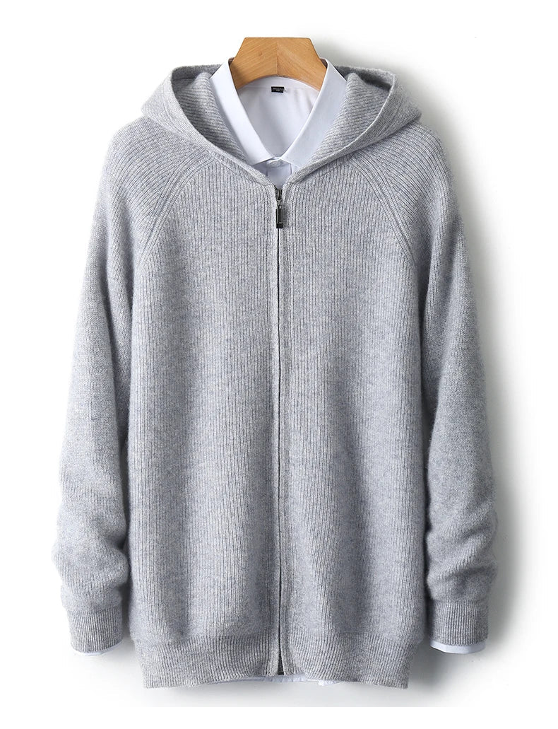 Wool Zip-Up Hooded Sweater Lightweight Knit for Men