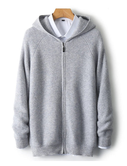 Wool Zip-Up Hooded Sweater Lightweight Knit for Men