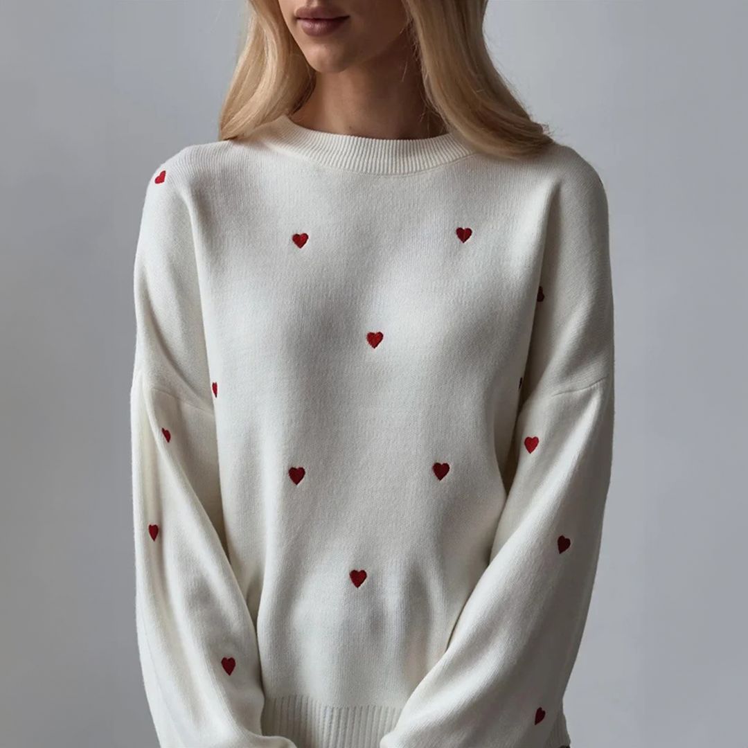 Heart Embroidered Knit Crew Neck Pullover Sweater for Women