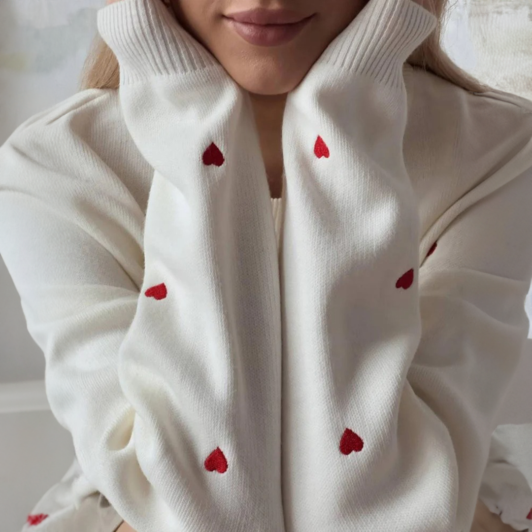 Heart Embroidered Knit Crew Neck Pullover Sweater for Women