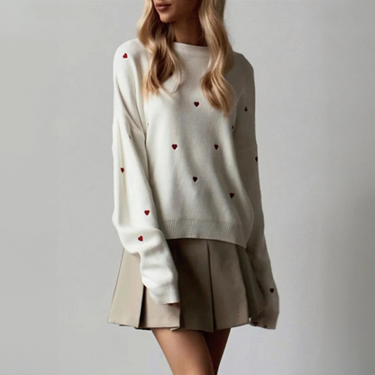 Heart Embroidered Knit Crew Neck Pullover Sweater for Women