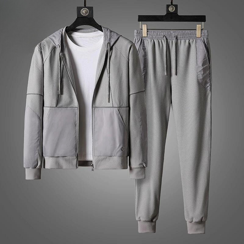 Two-Piece Performance Tracksuit with Zip-Up Hoodie and Sweatpants for Men - Grey