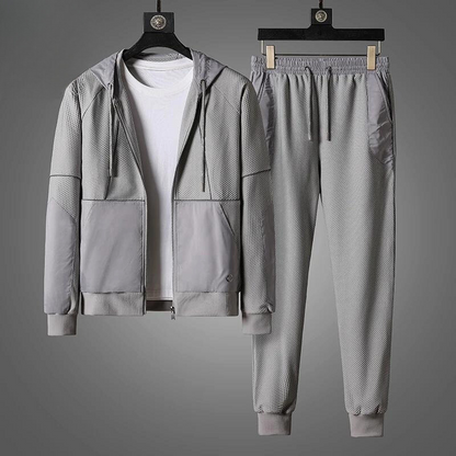 Two-Piece Performance Tracksuit with Zip-Up Hoodie and Sweatpants for Men - Grey