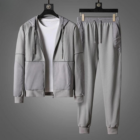 Two-Piece Performance Tracksuit with Zip-Up Hoodie and Sweatpants for Men - Grey