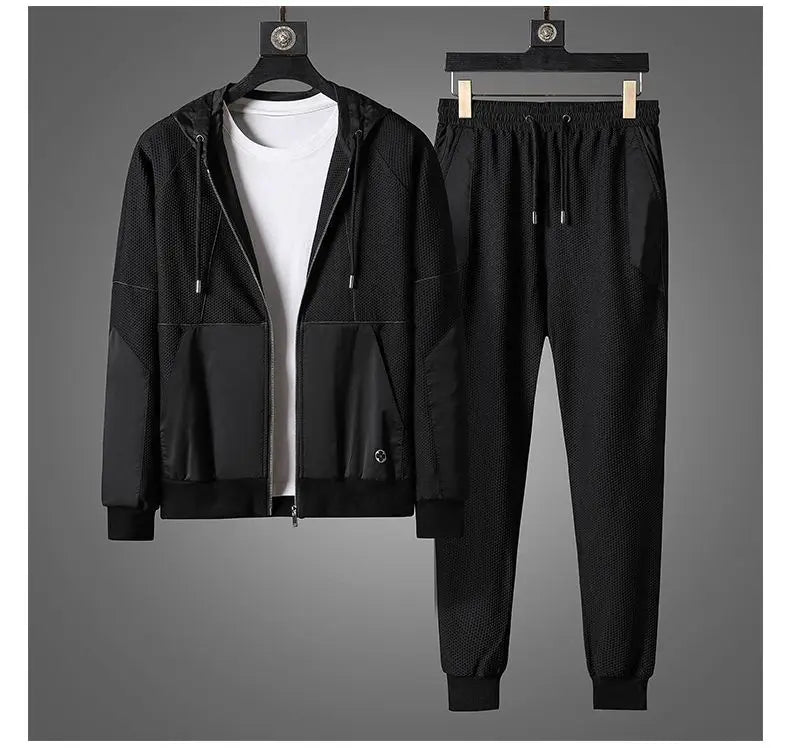 Two-Piece Performance Tracksuit with Zip-Up Hoodie and Sweatpants for Men - Black