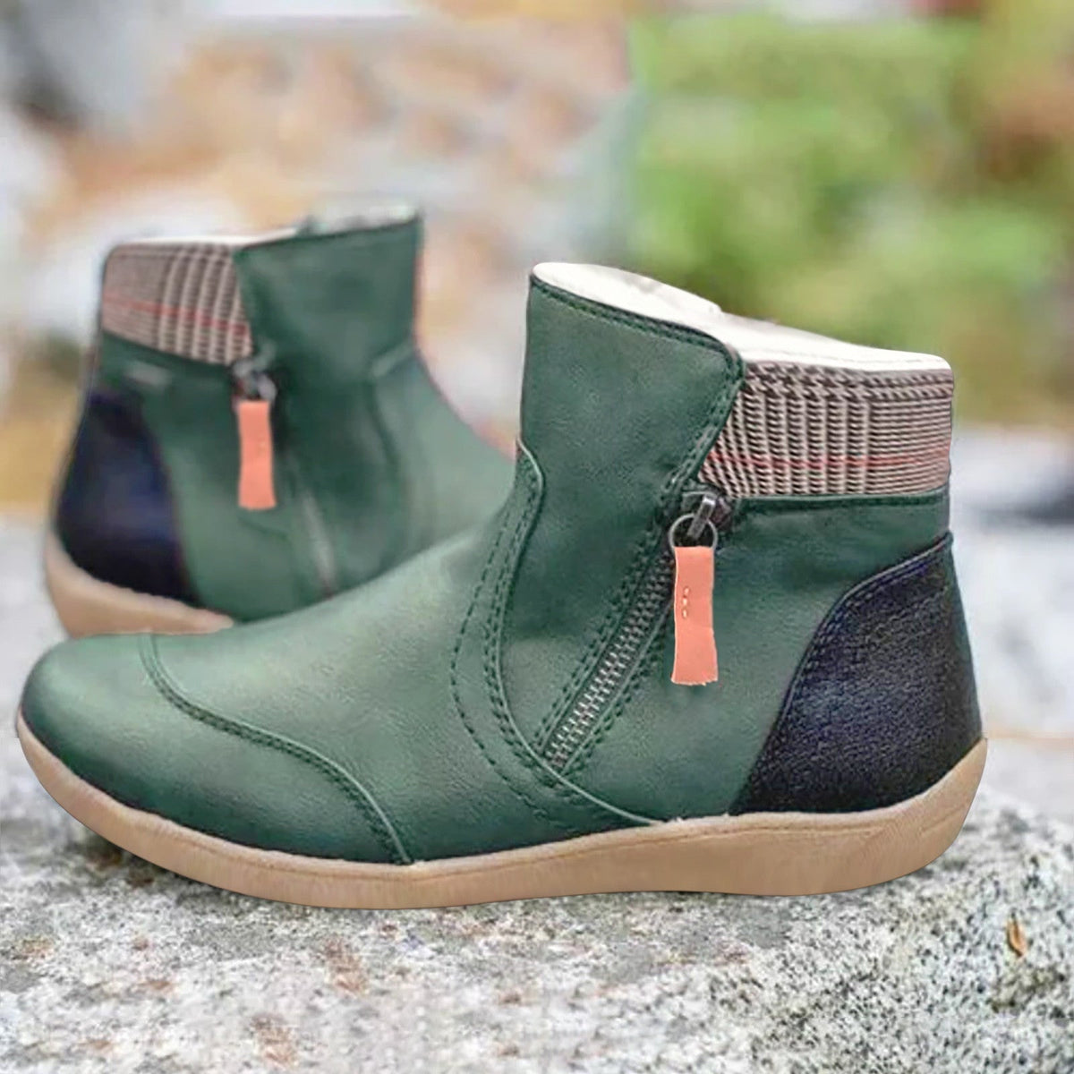 Leather Side-Zip Ankle Boots with Contrast Cuff for Women - Forest Green