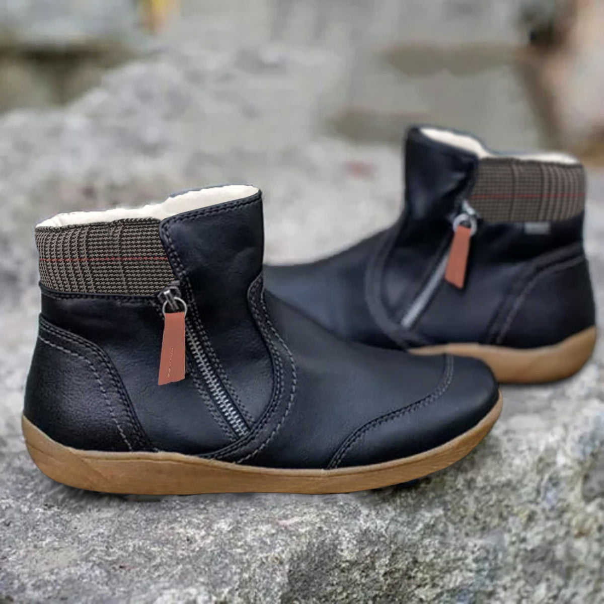 Leather Side-Zip Ankle Boots with Contrast Cuff for Women - Black