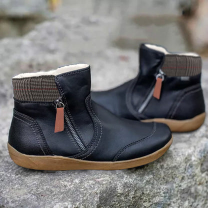 Leather Side-Zip Ankle Boots with Contrast Cuff for Women - Black