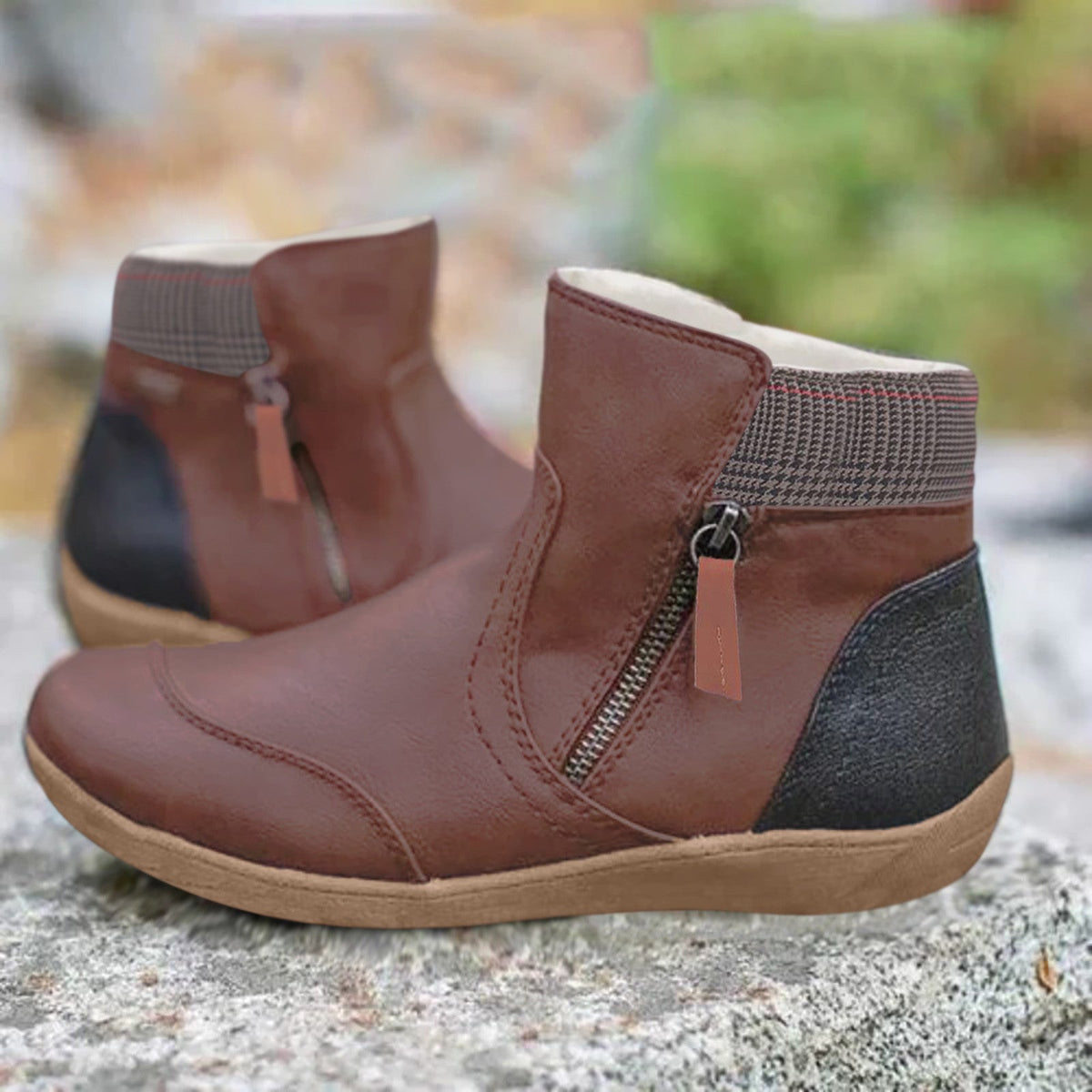 Leather Side-Zip Ankle Boots with Contrast Cuff for Women - Cognac