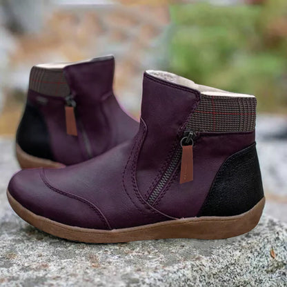 Leather Side-Zip Ankle Boots with Contrast Cuff for Women - Plum
