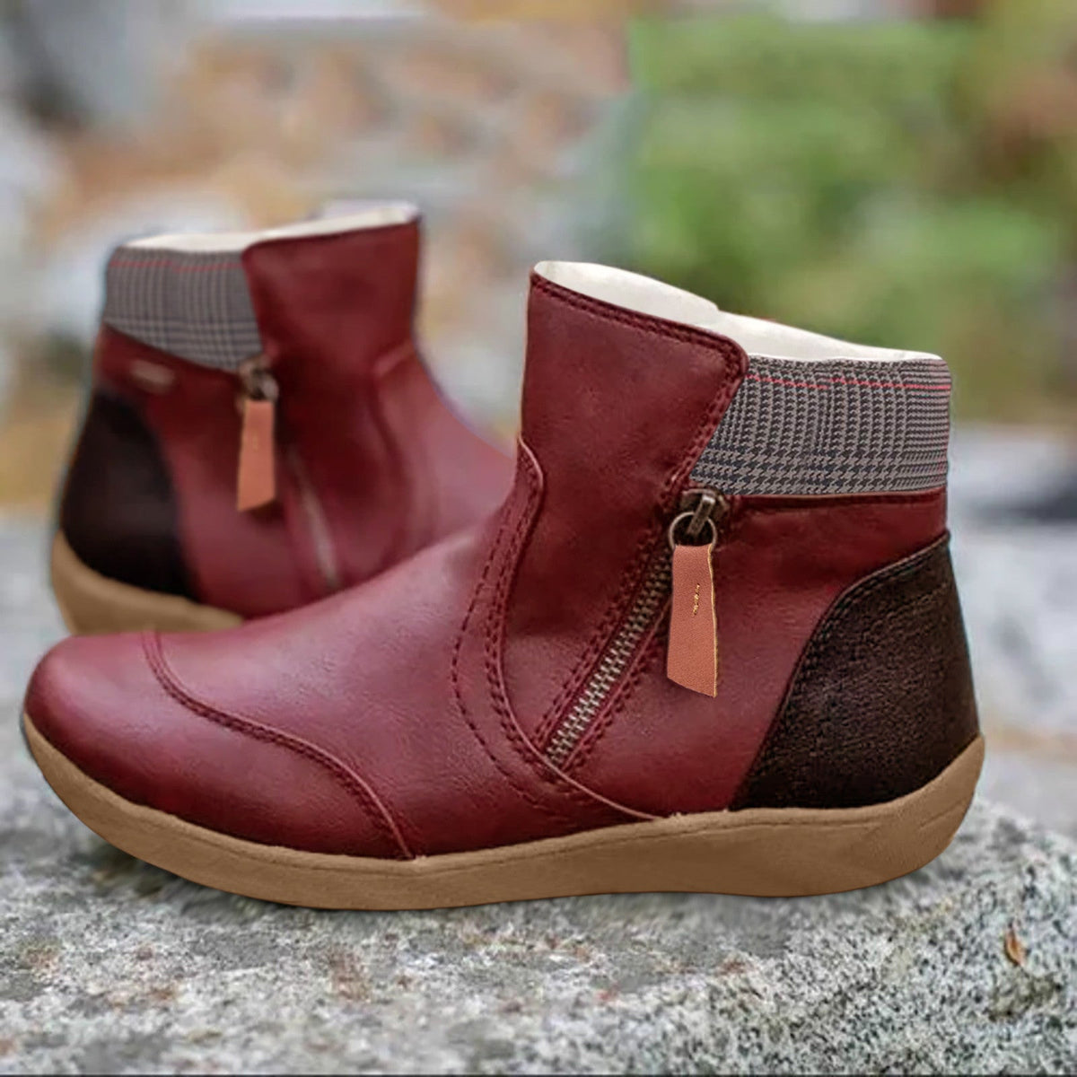 Leather Side-Zip Ankle Boots with Contrast Cuff for Women - Wine Red