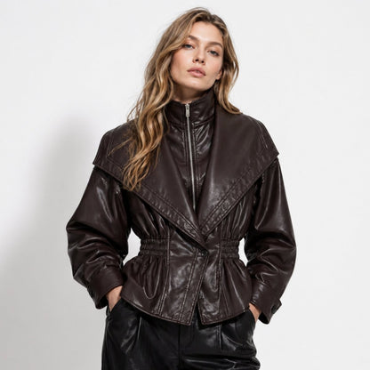 Leather Jacket with Notch Lapel and Cinched Waist for Women - Dark Brown