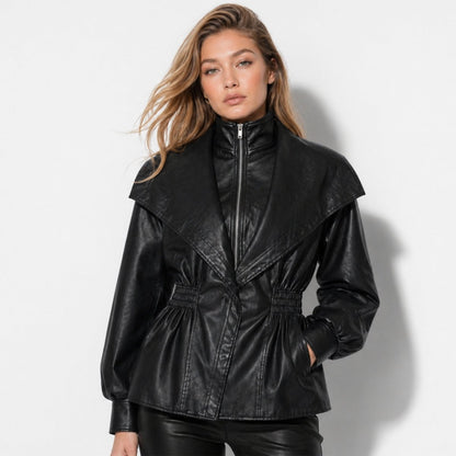 Leather Jacket with Notch Lapel and Cinched Waist for Women - Black
