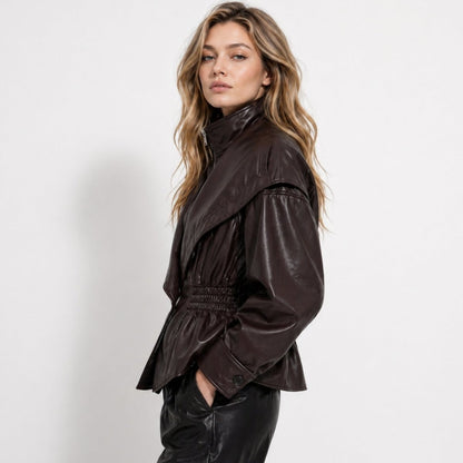 Leather Jacket with Notch Lapel and Cinched Waist for Women