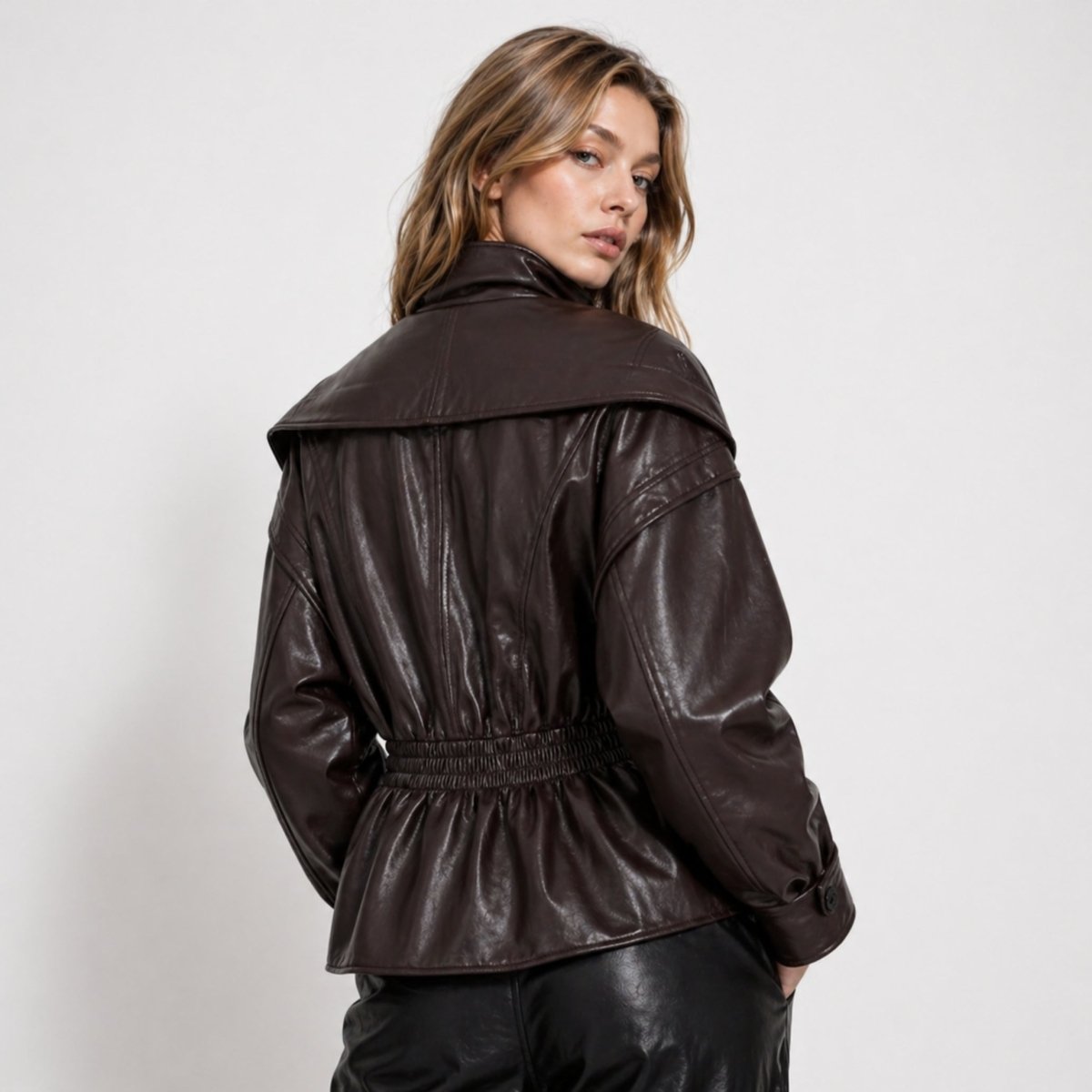 Leather Jacket with Notch Lapel and Cinched Waist for Women