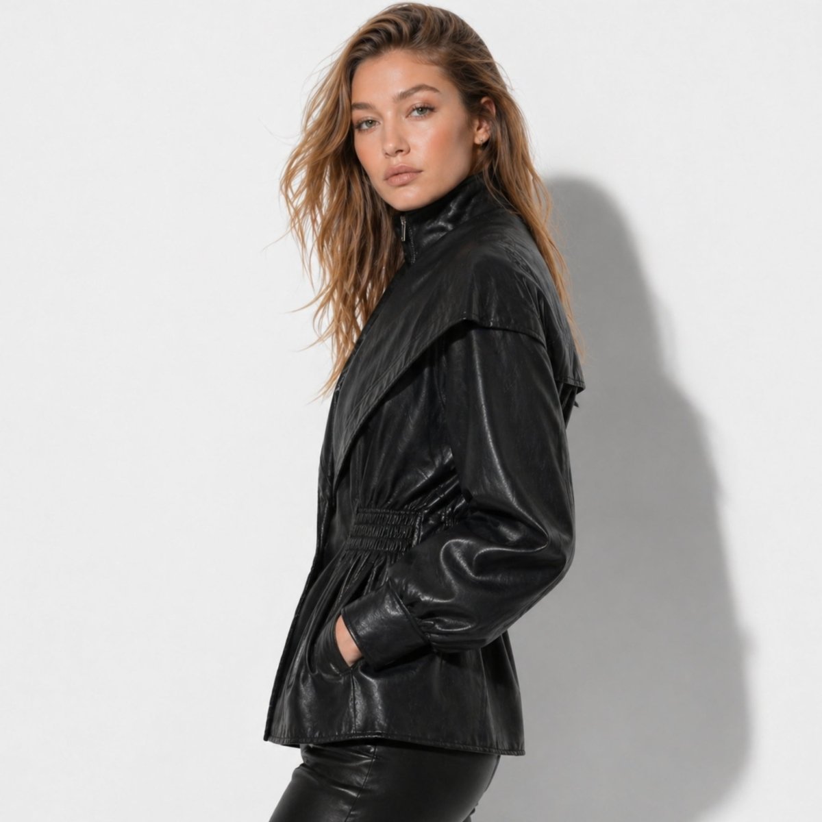 Leather Jacket with Notch Lapel and Cinched Waist for Women