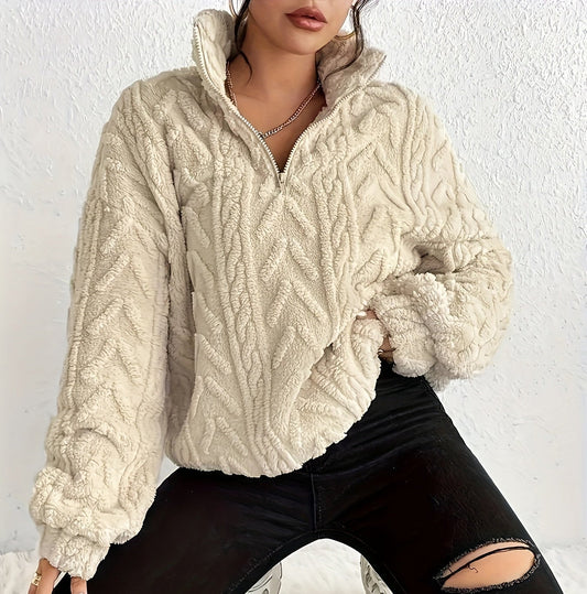 Oversized Fuzzy Fleece Quarter-Zip Hoodie for Women - Apricot