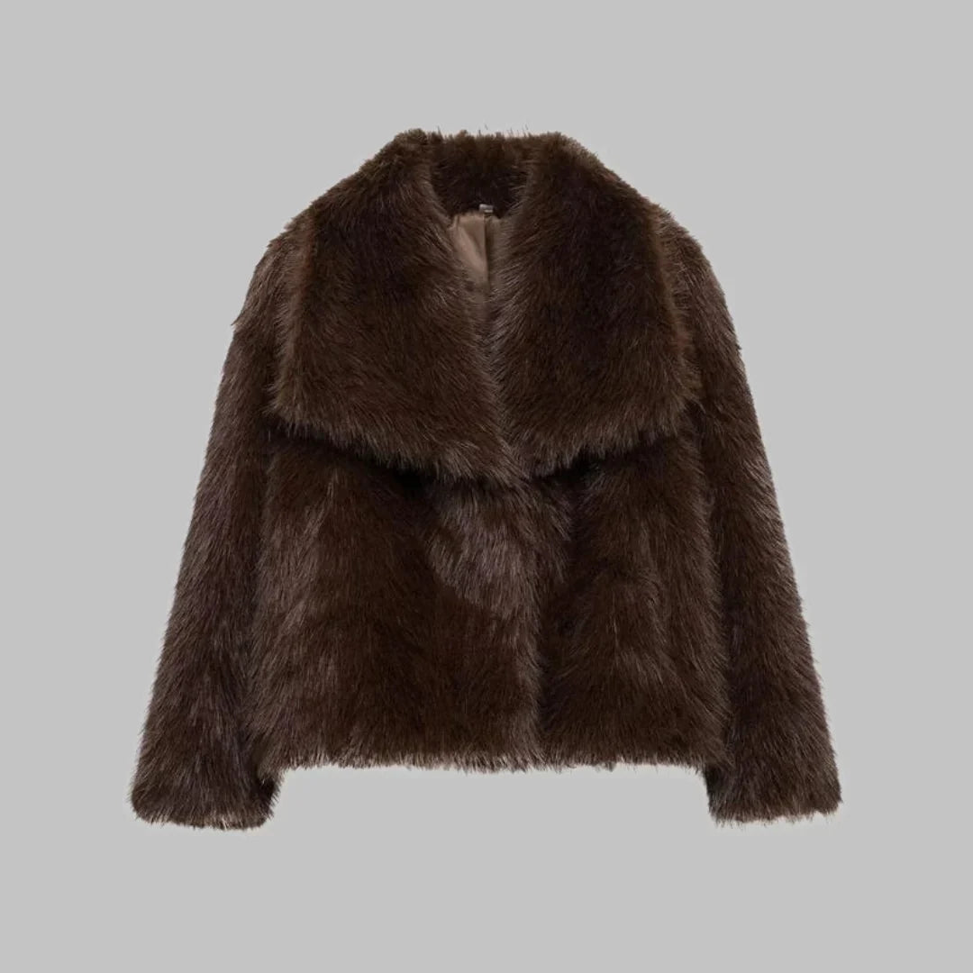 Faux Fur Cropped Notch-Lapel Structured Coat for Women - Brown