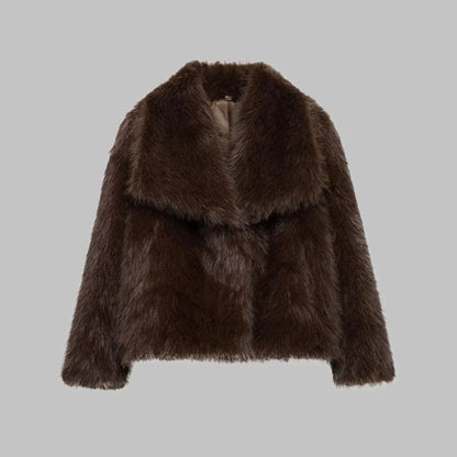 Faux Fur Cropped Notch-Lapel Structured Coat for Women - Brown