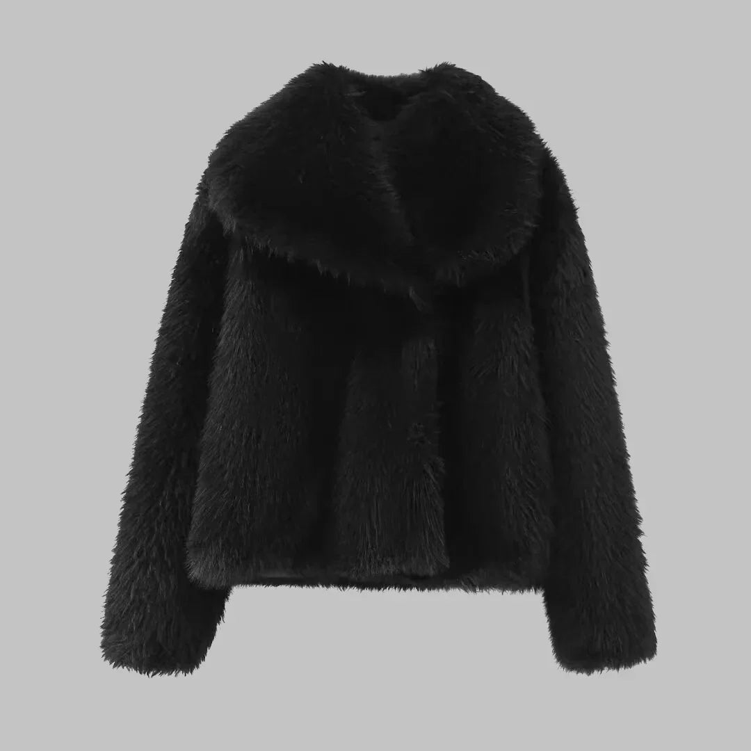 Faux Fur Cropped Notch-Lapel Structured Coat for Women - Black