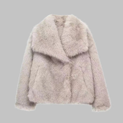 Faux Fur Cropped Notch-Lapel Structured Coat for Women - Apricot