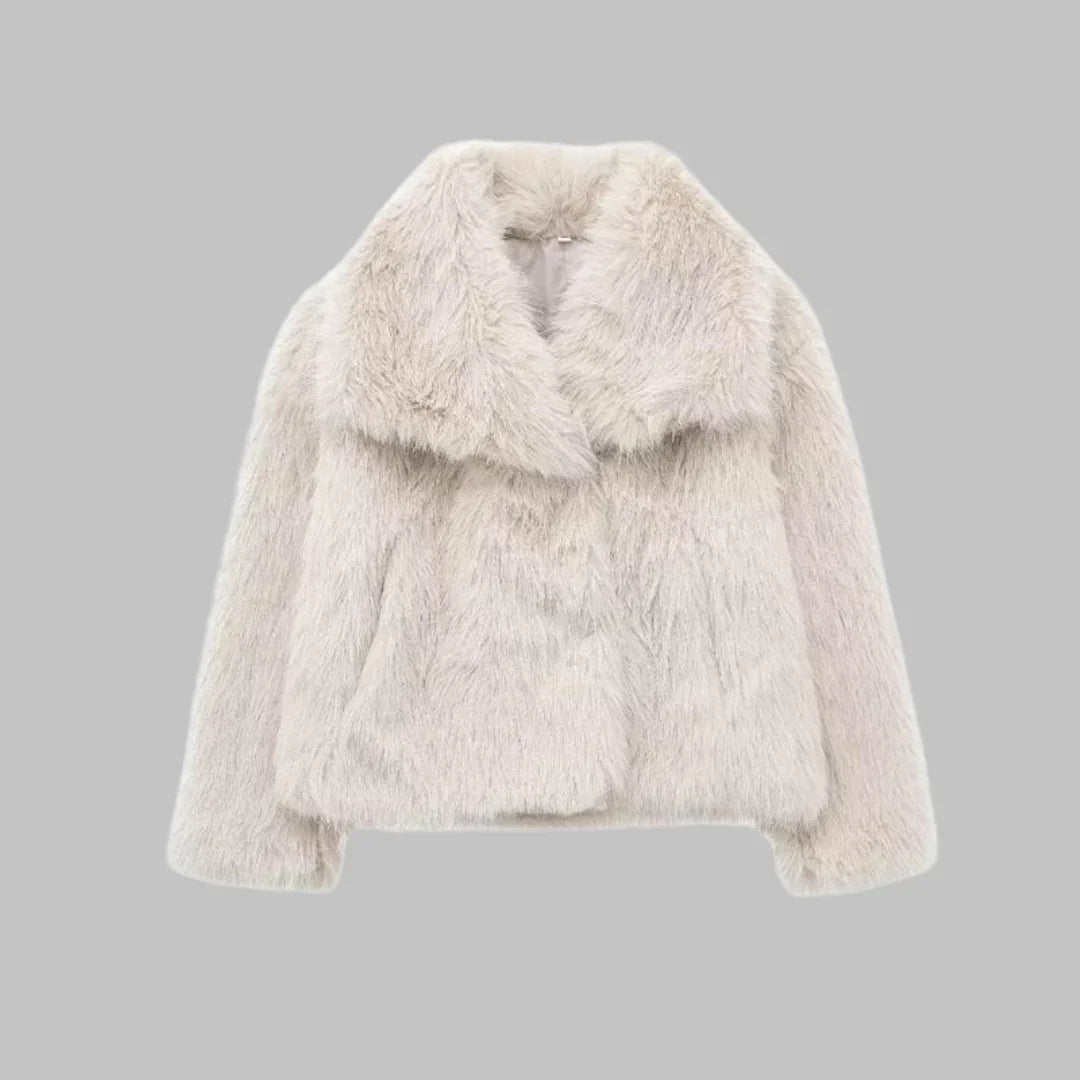 Faux Fur Cropped Notch-Lapel Structured Coat for Women - Beige