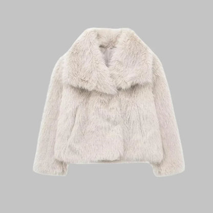 Faux Fur Cropped Notch-Lapel Structured Coat for Women - Beige