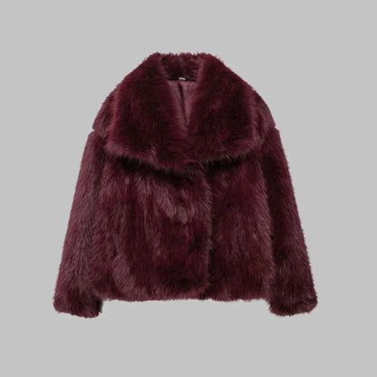 Faux Fur Cropped Notch-Lapel Structured Coat for Women - Claret