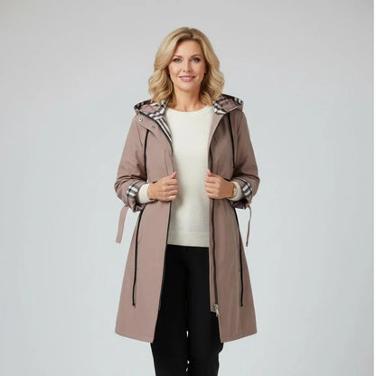 Hooded Zip-Up Coat with Plaid Lining for Women - Brown