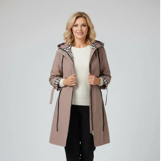 Hooded Zip-Up Coat with Plaid Lining for Women - Brown