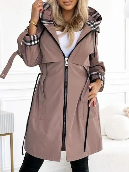 Hooded Zip-Up Coat with Plaid Lining for Women