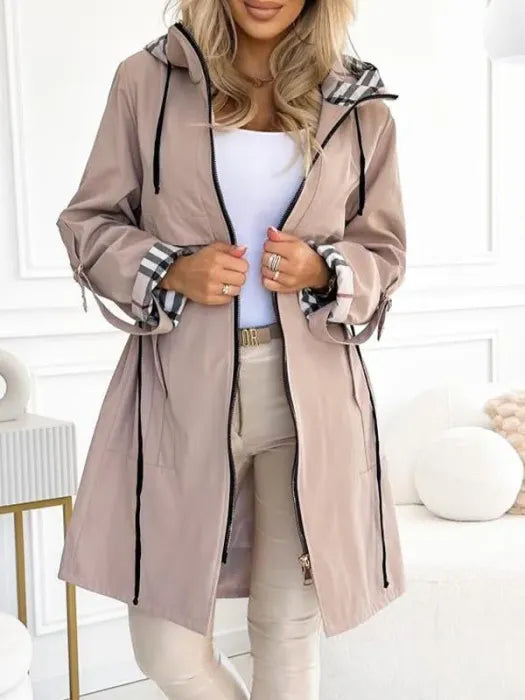 Hooded Zip-Up Coat with Plaid Lining for Women - Beige