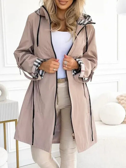 Hooded Zip-Up Coat with Plaid Lining for Women - Beige