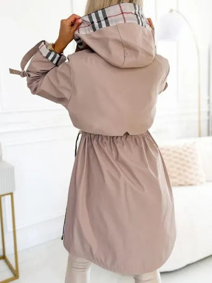 Hooded Zip-Up Coat with Plaid Lining for Women