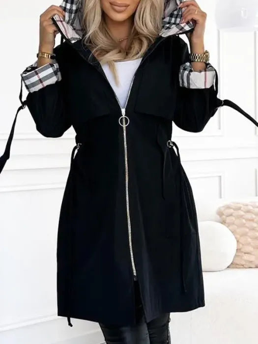 Hooded Zip-Up Coat with Plaid Lining for Women - Black