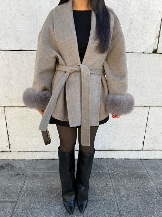 Belted Oversized Wool Coat with Fur Cuffs for Women - Taupe