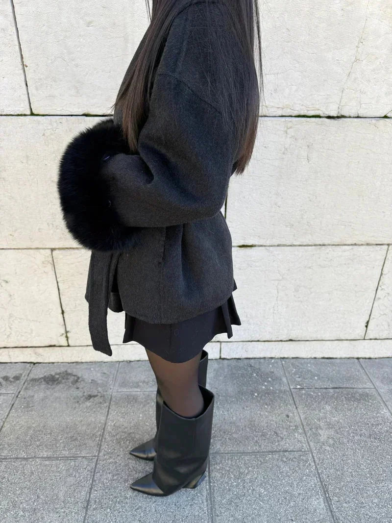 Belted Oversized Wool Coat with Fur Cuffs for Women